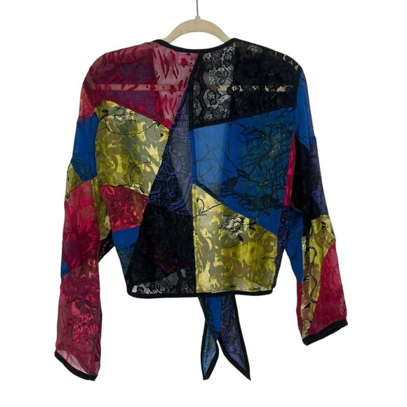Chico's Silk Lace patchwork Top Women Large Multicolor Velvet Tie Front blouse 2 - Picture 6 of 15
